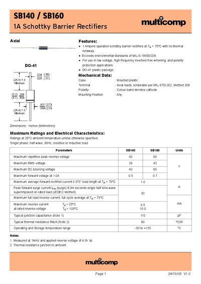 Multicomp SB140/SB160 Schottky Barrier Rectifiers Datasheet - cover page