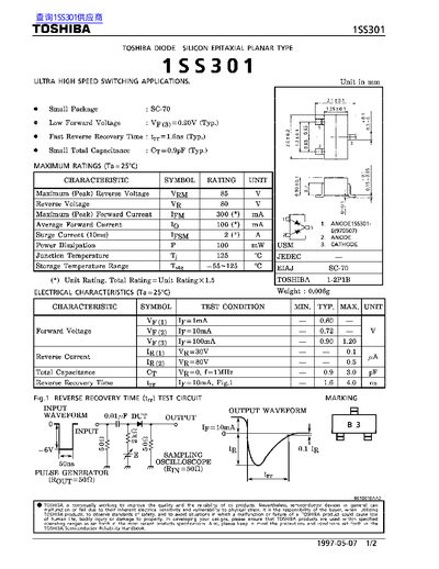 Toshiba 1SS301 Silicon Epitaxial Planar Diode Datasheet - cover page
