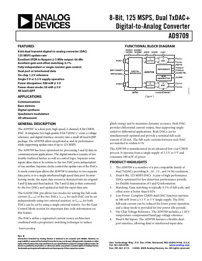 Analog Devices AD9709 8‑Bit Dual‑Channel DAC Datasheet - cover page