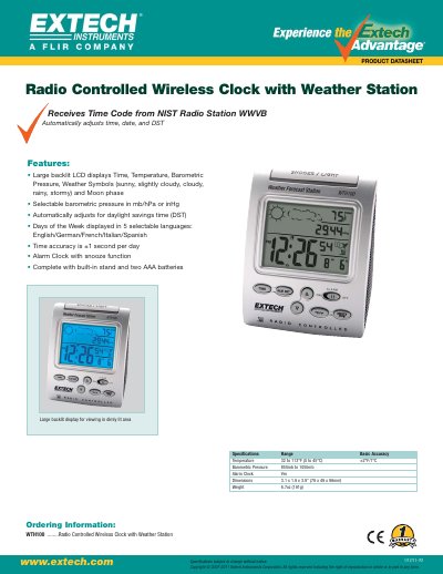 EXTECH WTH100 Radio Controlled Wireless Clock with Weather Station Datasheet - cover page