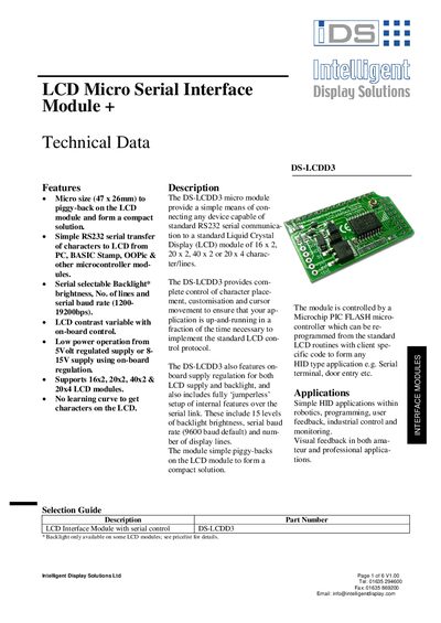 Intelligent Display Solutions DS-LCDD3 LCD Micro Serial Interface Module Datasheet - cover page