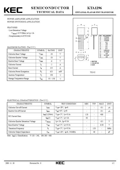 KEC KTA1296 Epitaxial Planar PNP Transistor Datasheet - cover page