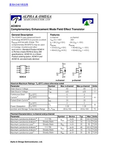 Alpha & Omega AO4614 Complementary Enhancement Mode Field Effect Transistor Datasheet - cover page