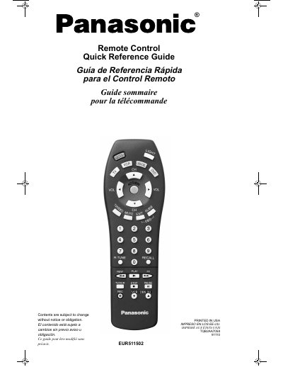Panasonic EUR511502 Remote Control Quick Reference Guide - cover page