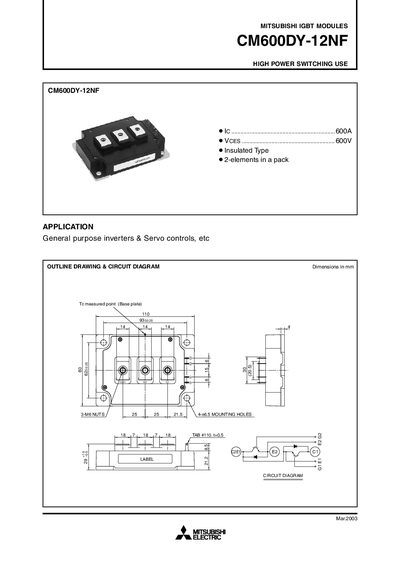 Mitsubishi CM600DY-12NF IGBT Module Datasheet - cover page