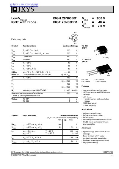 IXYS IXGH/IXGT 28N60BD1 IGBT Module Datasheet - cover page