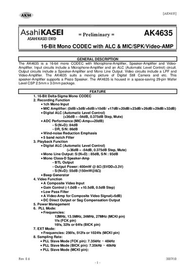AKM AK4635 16-Bit Mono CODEC with ALC Data Sheet - cover page