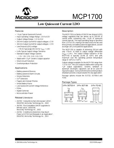 Microchip MCP1700 Low Quiescent Current LDO Datasheet - cover page