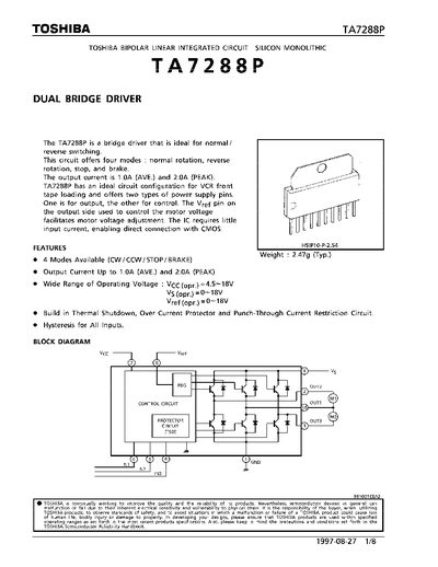 Toshiba TA7288P Dual Bridge Driver Datasheet - cover page