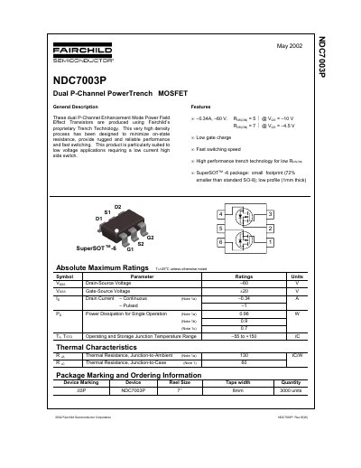 Fairchild Semiconductor NDC7003P Dual P-Channel MOSFET Datasheet - cover page
