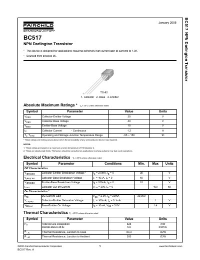 Fairchild BC517 NPN Darlington Transistor Datasheet - cover page