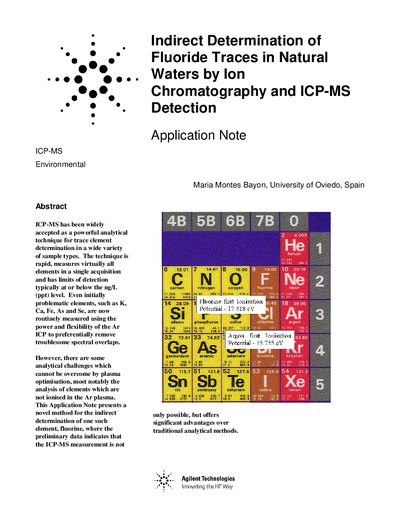 Agilent Indirect Determination of Fluoride Traces in Natural Waters by Ion Chromatography ICP-MS Detection Application N - cover page