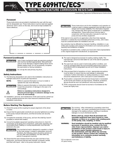 John Crane TYPE 609HTC/E CS Mechanical Seal Installation, Operation & Maintenance Manual - cover page