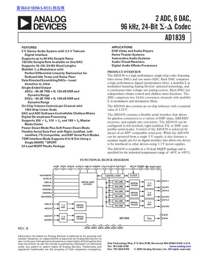 ANALOG DEVICES 2 ADC 6 DAC 96 kHz 24-Bit AD1839 handbook - cover page