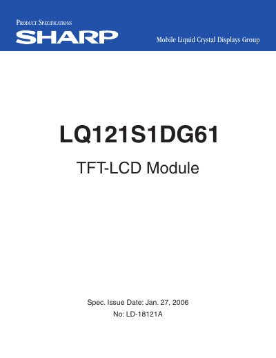 Sharp LQ121S1DG61 TFT-LCD Module Specification - cover page