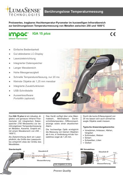 LumaSense IGA 15 plus Infrared Thermometer Product Leaflet - cover page