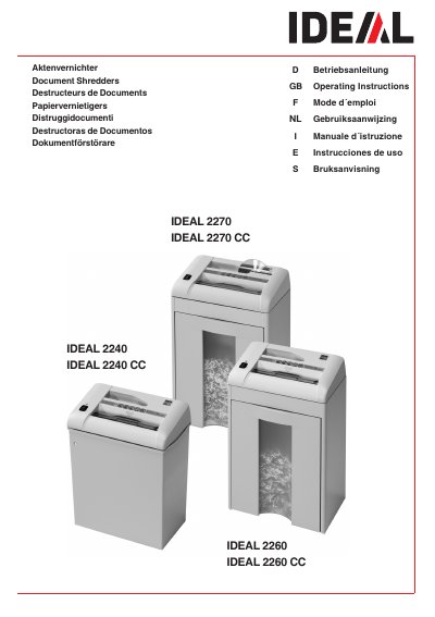 IDEAL 2260 CC Paper Shredder Operating Instructions - cover page