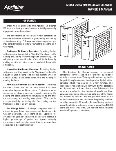 Aprilaire Models 2120/2140 Whole-House Air Cleaners Owner's Manual - cover page