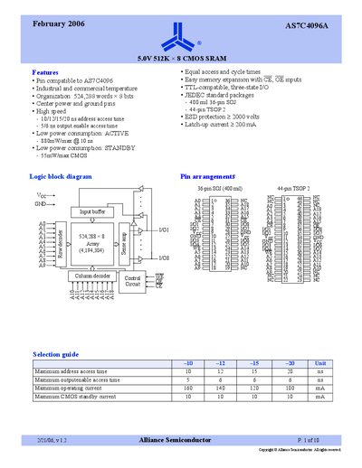 Alliance Semiconductor AS7C4096A Datasheet - cover page