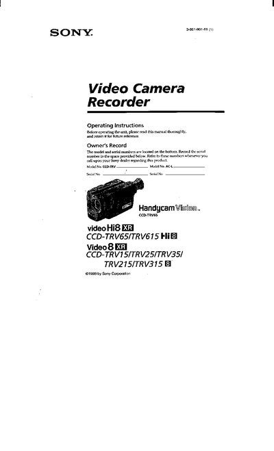 Sony CCD-TRV65/615/15/25/35/215/315 Camcorder Operating Manual - cover page
