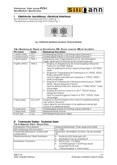 Silicann PCS-I Color Sensor Specification Handbook - cover page