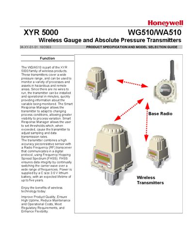 Honeywell WG510/WA510 Wireless Pressure Transmitters Specification and Model Selection Guide - cover page