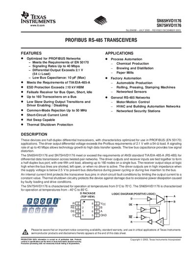 Texas Instruments SLLS563B PROFIBUS RS-485 Transceiver Datasheet - cover page