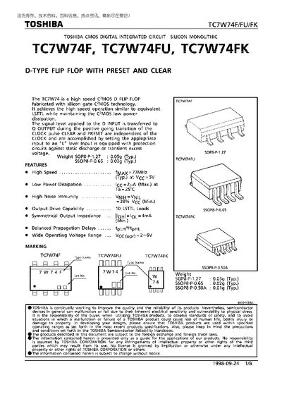 TOSHIBA TC7W74F TC7W74FU TCW74FK DATA SHEET - cover page