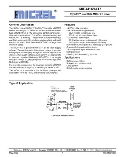 Micrel MIC4416/MIC4417 Low‑Side MOSFET Driver Datasheet - cover page