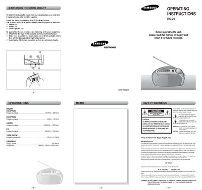 RC-29 Cassette Player User Manual - cover page