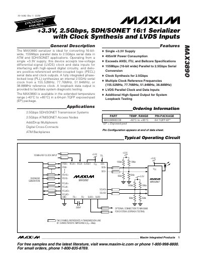 Maxim MAX3890 Serializer Datasheet - cover page