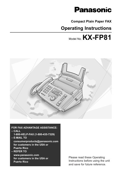 Panasonic KX-FP81 Compact Plain Paper FAX Operating Instructions