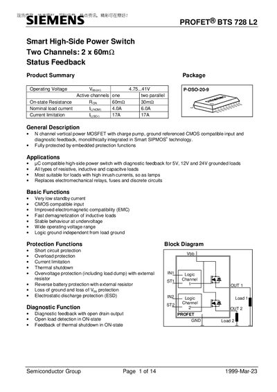 Siemens BTS 728 L2 Smart High‑Side Power Switch Datasheet - cover page