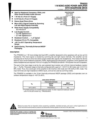 Texas Instruments TPA0253 1‑W Mono Audio Power Amplifier with Headphone Drive Datasheet - cover page