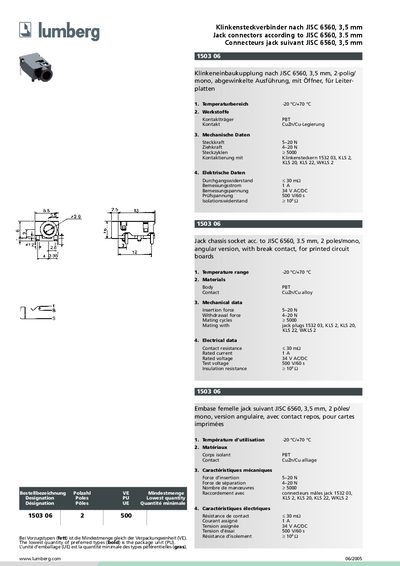 Lumberg 1503 06 Jack Connector Datasheet - cover page