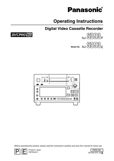 Panasonic AJ-SD93 Digital Video Cassette Recorder Operating Instructions - cover page