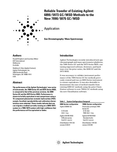 Agilent Reliable Transfer of Existing Agilent 6890/5973 GC/MSD Methods to the New 7890/5975 GC/MSD - cover page