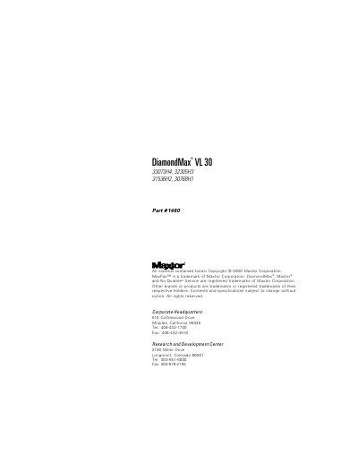 Maxtor DiamondMax VL 30 Hard Disk Drive Installation and Use Manual - cover page
