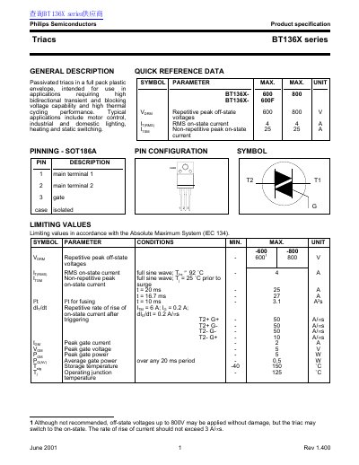 Philips BT136X Series Triac Product Specification