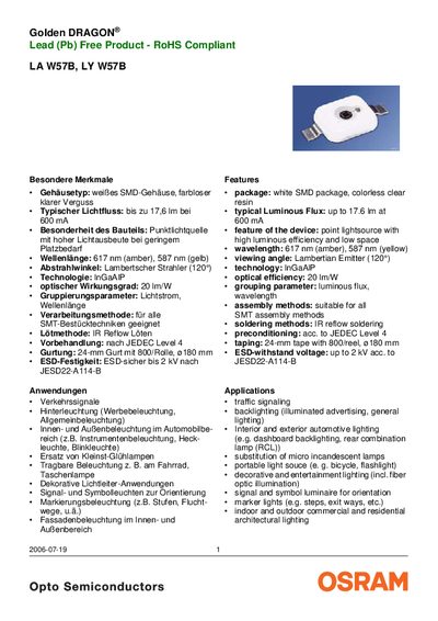 OSRAM Golden Dragon LA W57B / LY W57B RoHS Compliant Datasheet - cover page