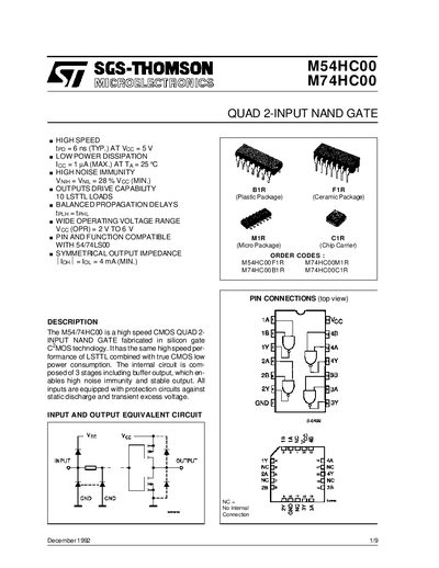 SGS-Thomson M54HC00 / M74HC00 Datasheet - cover page