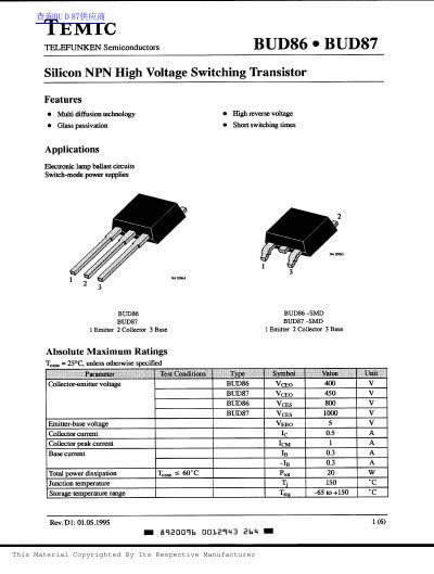 TEMIC BUD86/BUD87 Silicon NPN High Voltage Switching Transistor Datasheet - cover page