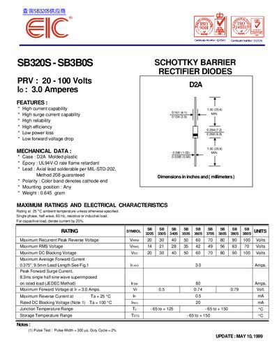 EIC SB320S-SB3B0S Schottky Barrier Rectifier Datasheet - cover page