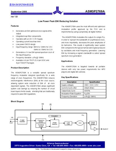 Alliance Semiconductor ASM3P2769A handbook - cover page