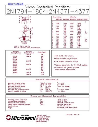 Microsemi 2N1794-1804 and 2N4371-4377 Silicon Controlled Rectifier Handbook - cover page