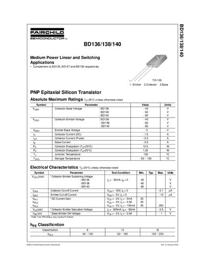 Fairchild BD136/138/140 PNP Epitaxial Silicon Transistor Datasheet