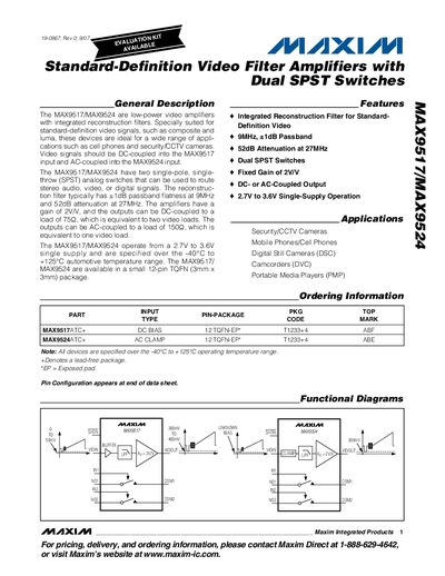 Maxim MAX9517/MAX9524 Standard-Definition Video Filter Amplifiers Datasheet - cover page