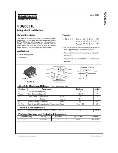 Fairchild FDG6331L Integrated Load Switch Datasheet - cover page