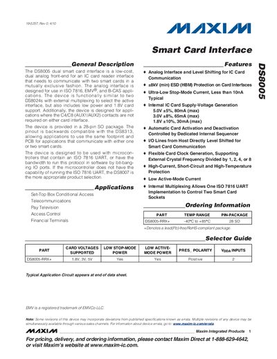 Maxim DS8005 Smart Card Interface Datasheet - cover page