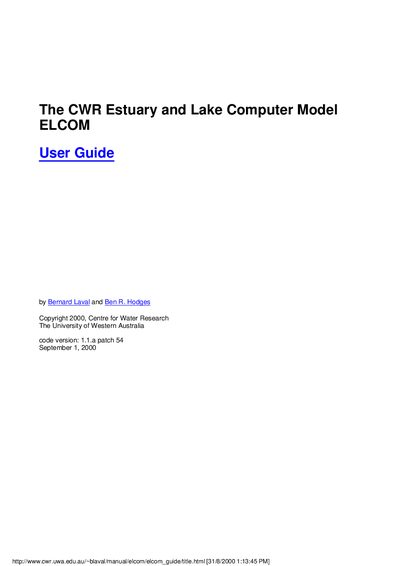 Centre for Water Research ELCOM User Guide - cover page